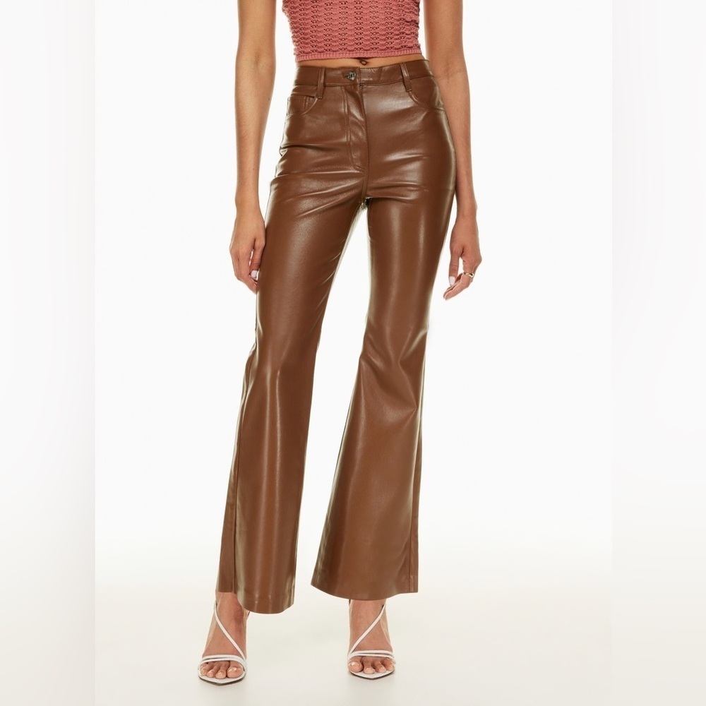 Aritzia Wilfred The Melina Flare Pant Faux Leather High Waisted in Cognac Sz 2